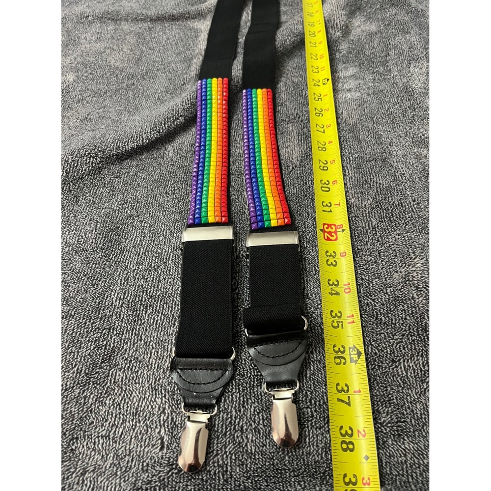 Mens Rainbow Pyramid Studded Suspenders Black Elastic Y-Back Pride Punk Goth - Picture 4 of 4